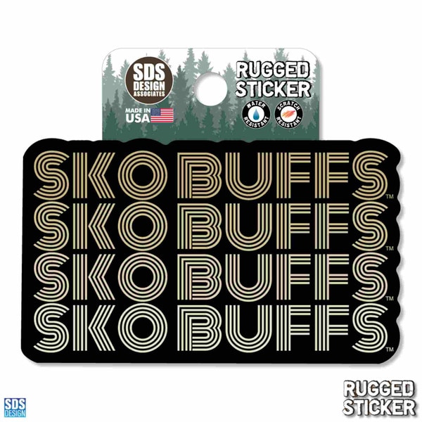Rugged sticker featuring repeated “SKO BUFFS” text in gold outlined block letters on black background.